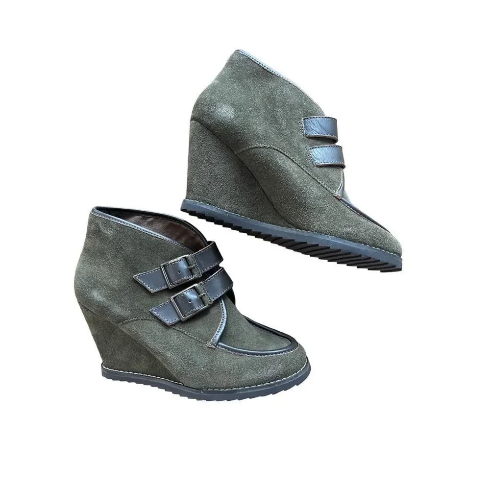Charles David Womens Olive Green Suede Ankle Boots Wedge Size 8.5